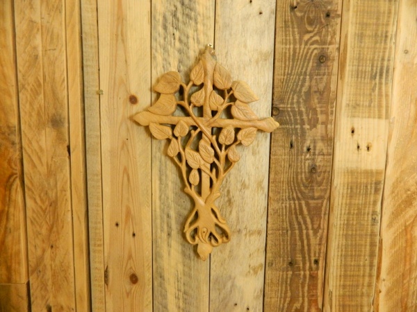 Wooden Cross Carving Wall Art Tile - Leaf Cross 30cm