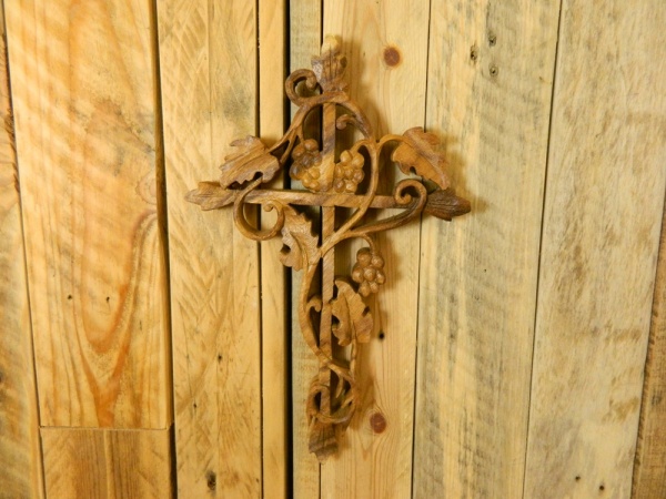 Wooden Cross Carving Wall Art Tile - Grape Cross 30cm