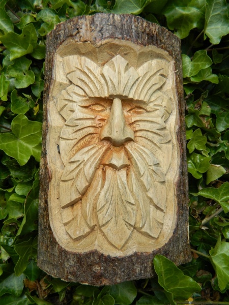 Wooden Green Man Carving - Hand Carved Half Tree Log - Man Of The Woods Design